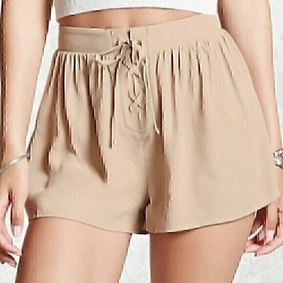 FOREVER 21 Lace Up Woven Short Solid Taupe Brown High Waisted Rise JUNIORS Small - Picture 1 of 10
